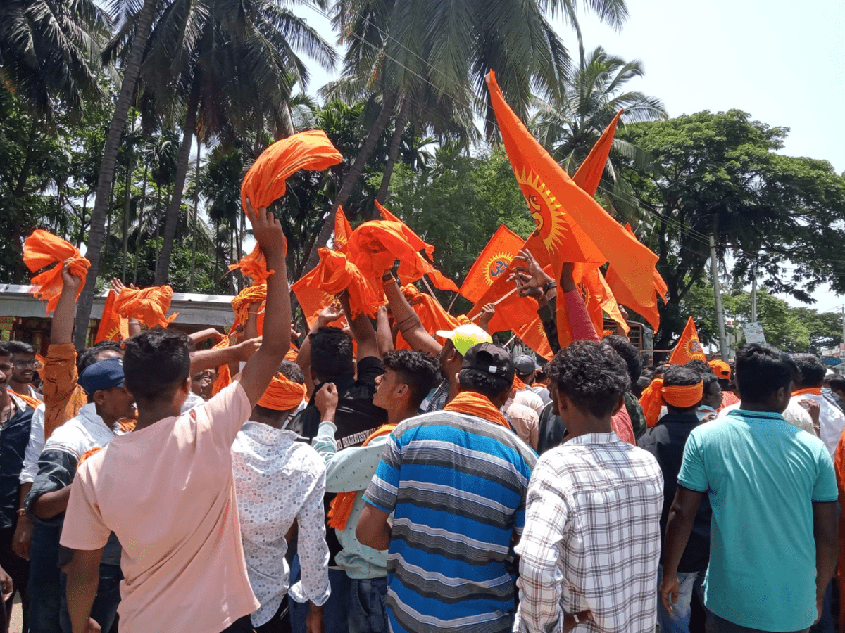 Members of Hindu organisations gather at Kirangur junction in Srirangapatna town, Mandya district.