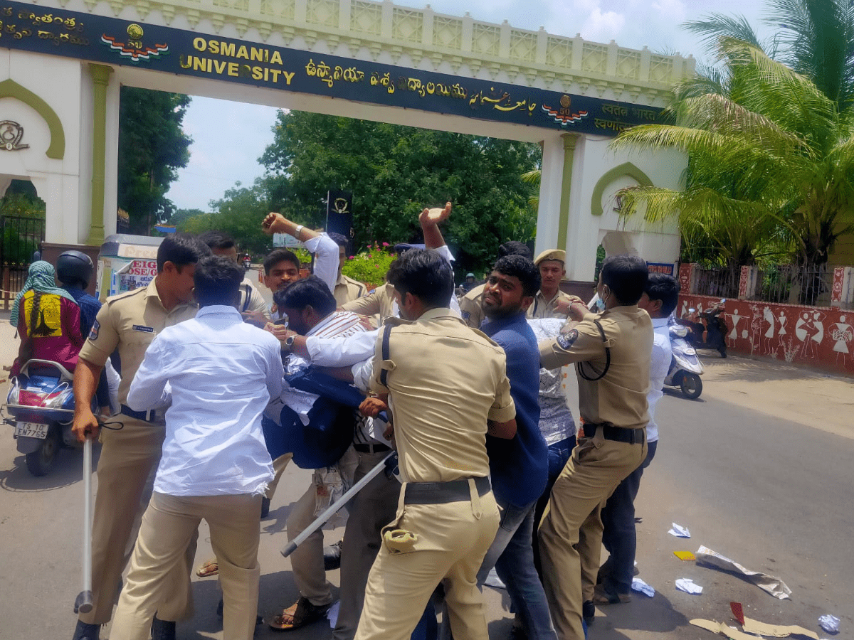 Students from Osmania University (OU) demonstrated in front of the NCC gate, on Saturday at noon.