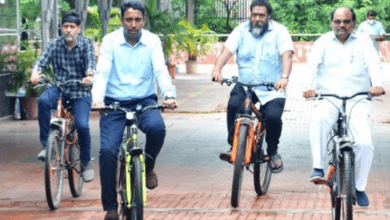 Greater Visakhapatnam Municipal Corporation reached the office riding bicycles and denied entry to the office who is coming via bikes or cars.