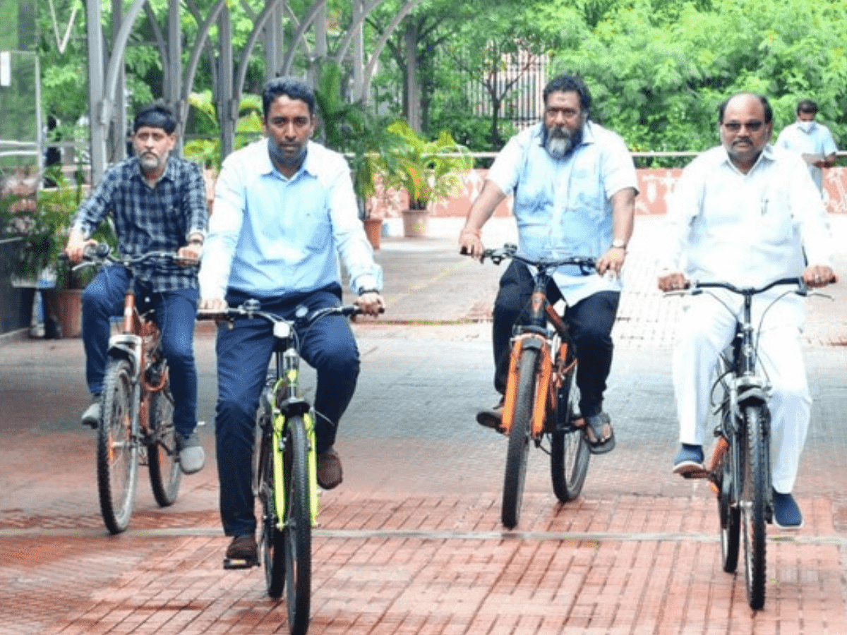 Greater Visakhapatnam Municipal Corporation reached the office riding bicycles and denied entry to the office who is coming via bikes or cars.