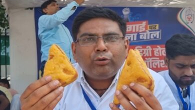 Cong workers hold 'Degree Holder Shoes Polish, Pakoda stall' outside rally venue in Delhi