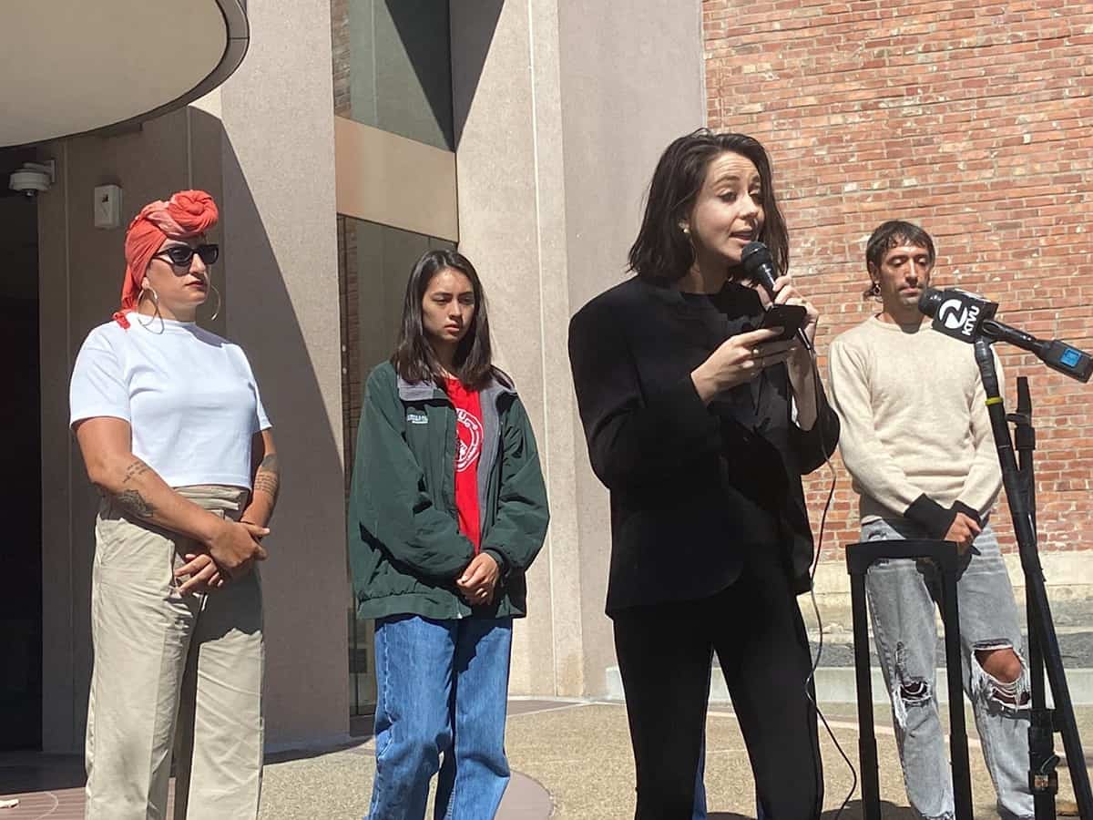 Ariel Koren stand in front of Google's headquarters to protest its partnership with Israel