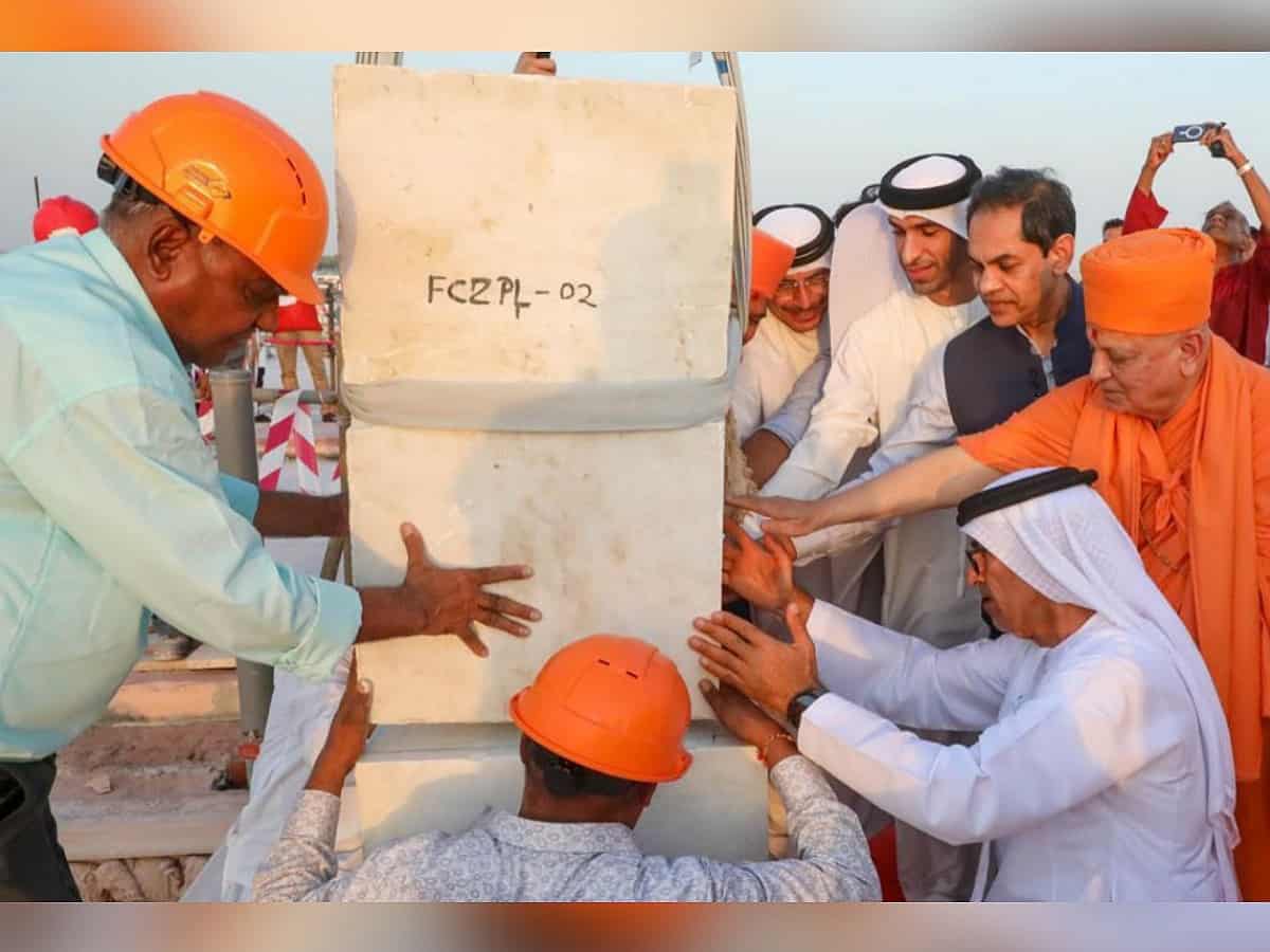 First marble pillar of Abu Dhabi BAPS Hindu temple placed