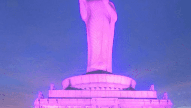 Buddha Statue at Hussain Sagar illuminated in pink as part of #BreastCancer Awareness Programme