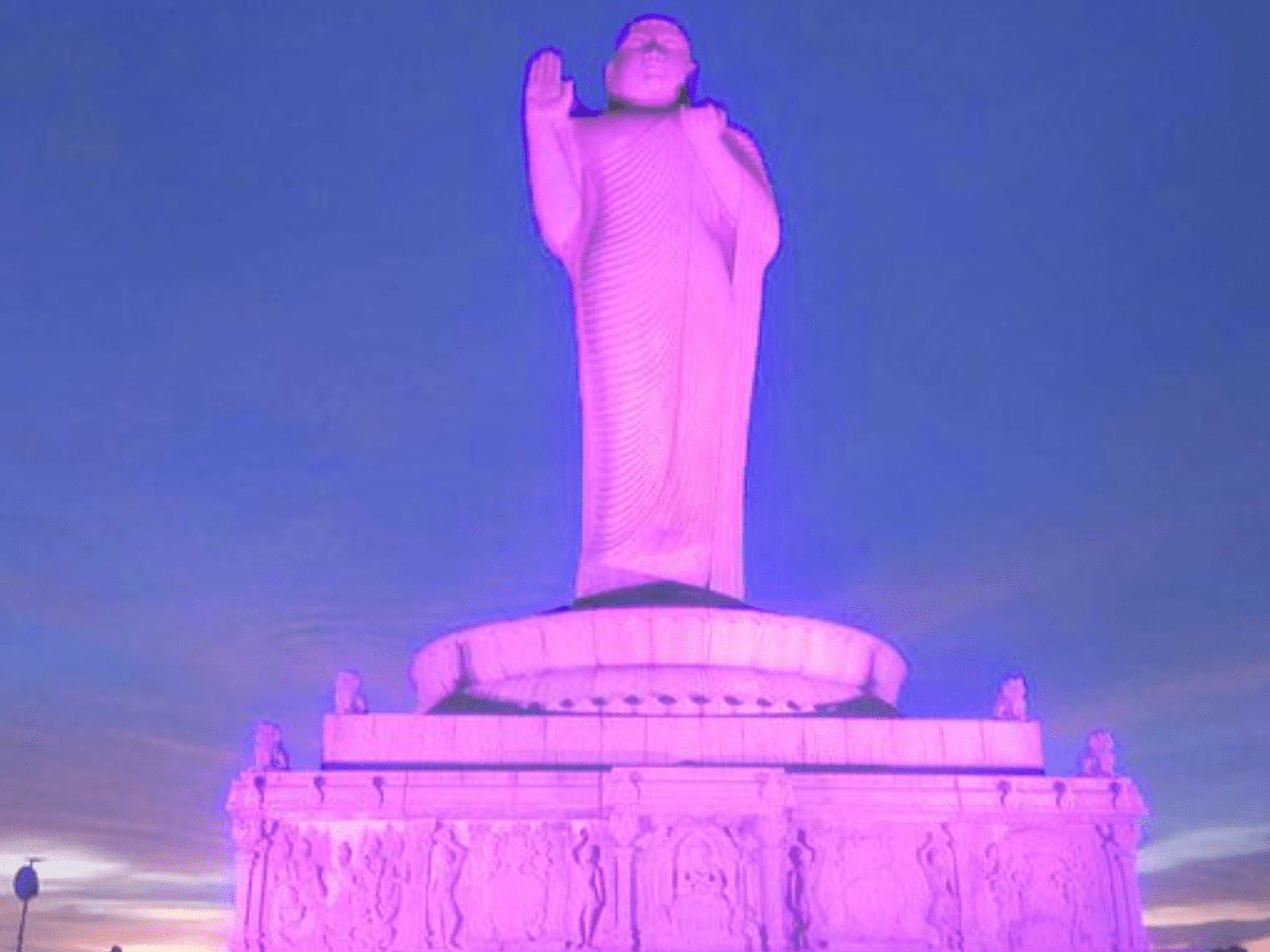 Buddha Statue at Hussain Sagar illuminated in pink as part of #BreastCancer Awareness Programme