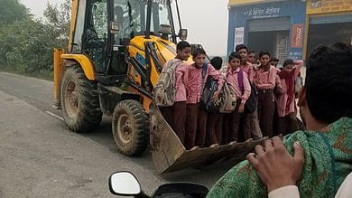 Children travel in tractor trolley to school in UP