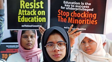 MSF members hold placards stage protest against the revoking of MANF and Pre Metric Scholarship Scheme