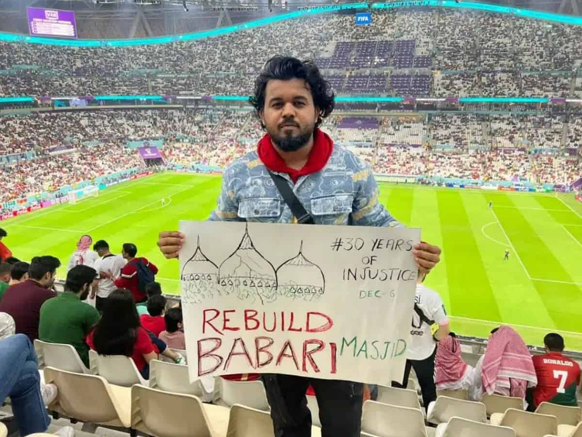 Keralite football fan displays 'Rebuild Babri Masjid' banner at World Cup in Qatar