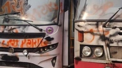 Border row: Workers of Shiv Sena (UBT), MNS paint Karnataka buses with 'Jai Maharashtra' graffiti in Pune district