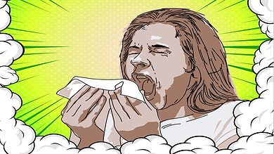 Cartoon Image of a woman sneezing and affected with cold