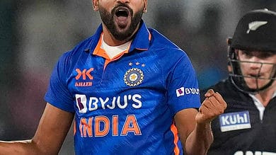 Hyderabad: India's Mohammed Siraj celebrates the dismissal of New Zealand's captain Tom Latham during the first ODI cricket match between India and New Zealand, at Rajiv Gandhi International Cricket Stadium, in Hyderabad, Wednesday, Jan. 18, 2023. (PTI Photo/R Senthil Kumar)