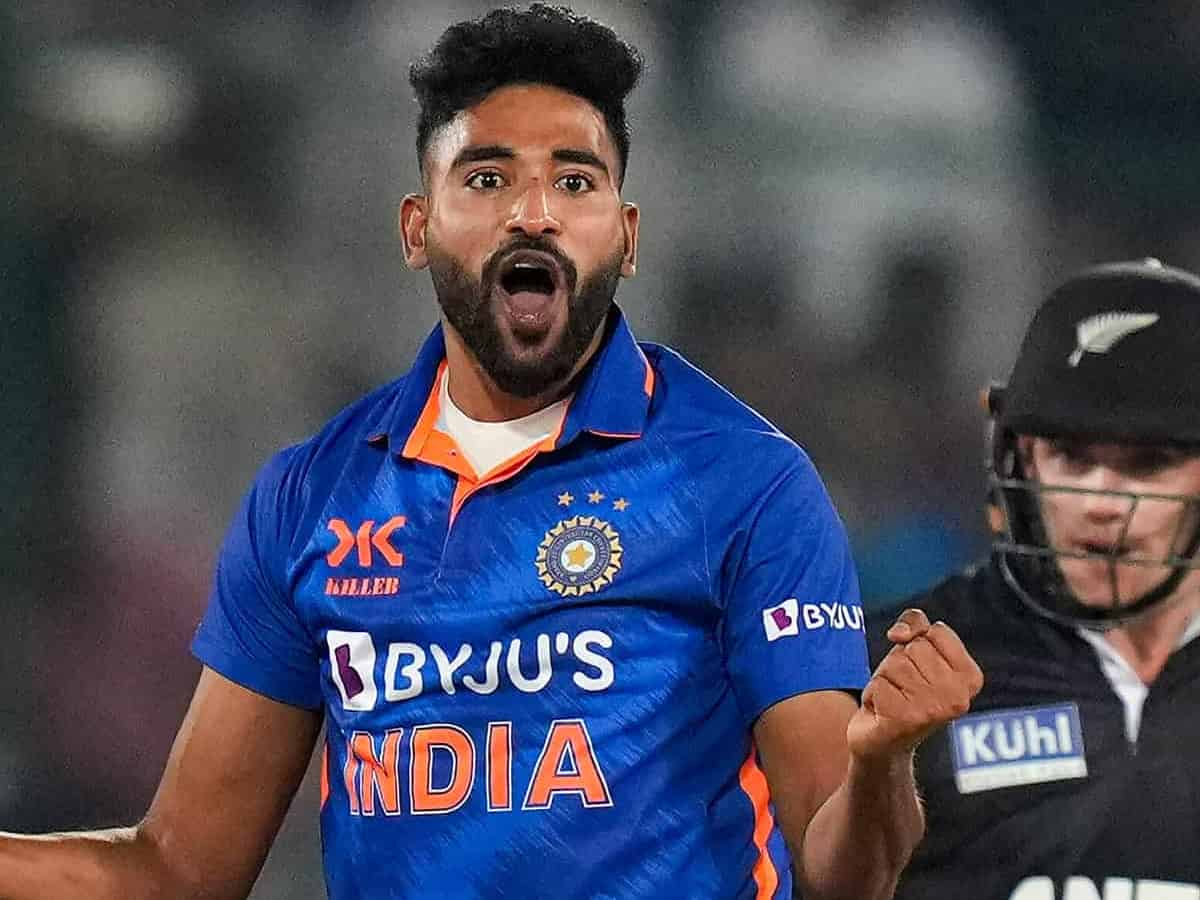 Hyderabad: India's Mohammed Siraj celebrates the dismissal of New Zealand's captain Tom Latham during the first ODI cricket match between India and New Zealand, at Rajiv Gandhi International Cricket Stadium, in Hyderabad, Wednesday, Jan. 18, 2023. (PTI Photo/R Senthil Kumar)