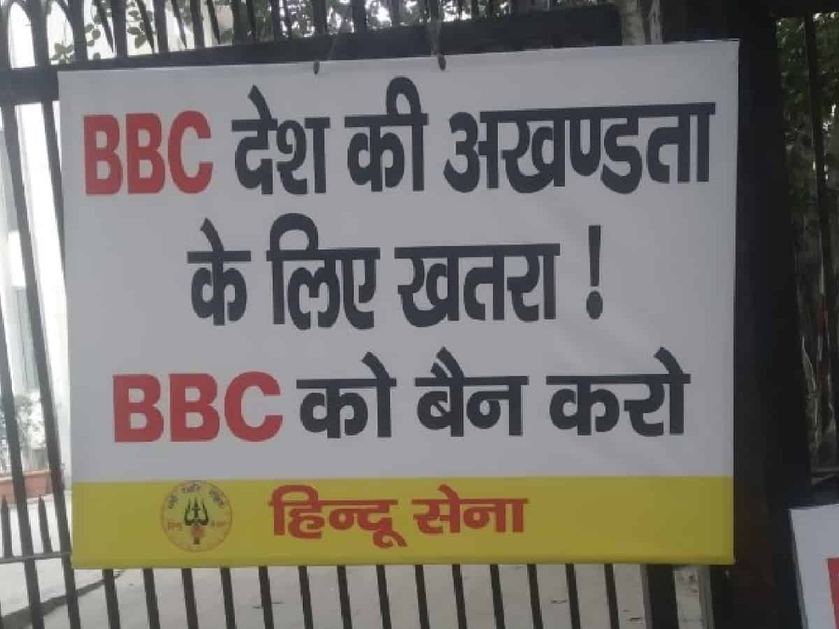 Documentary row: Hindu Sena puts up anti-BBC placards outside organisation's Delhi office