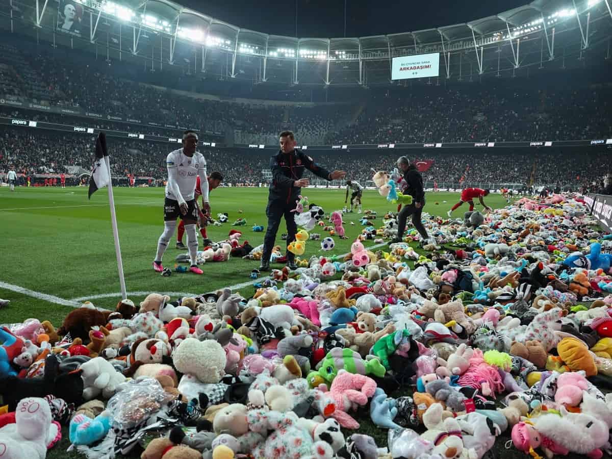 Video: Besiktas fans throw toys on field for children in quake-hit Turkey