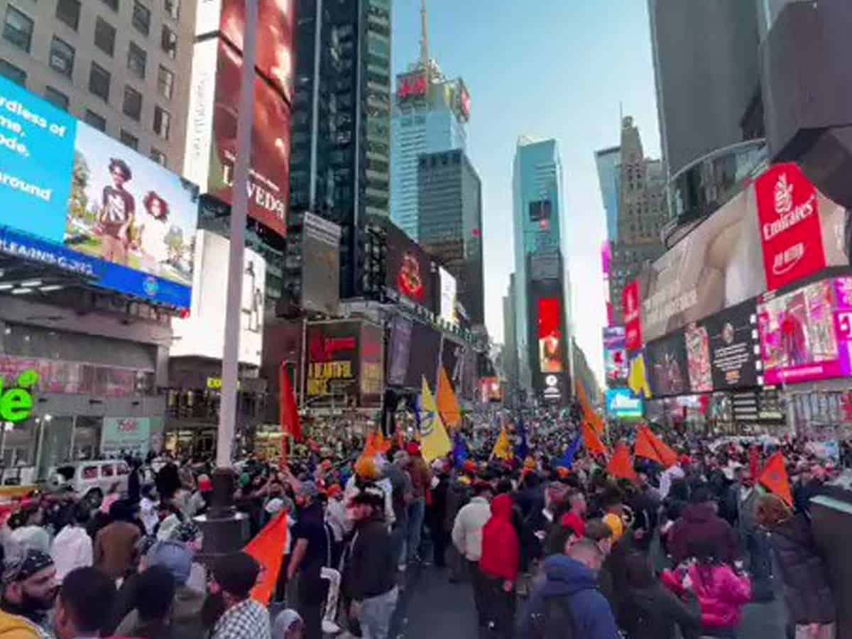 Khalistan supporters protest at Times Square in New York
