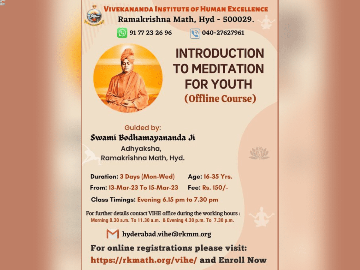 Hyderabad: Offline meditation course by RK Math from March 13-15