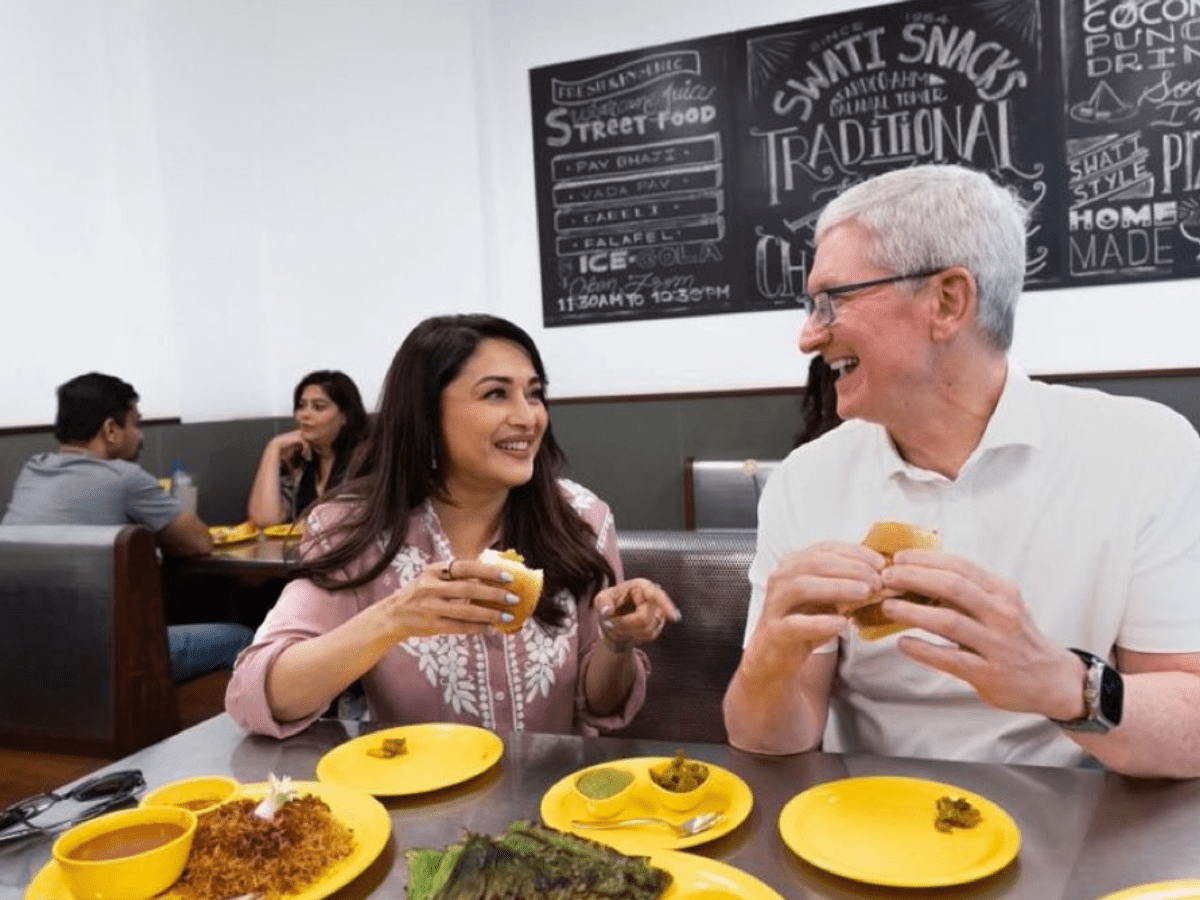 Tim Cook relishes vada pav with Madhuri Dixit in Mumbai