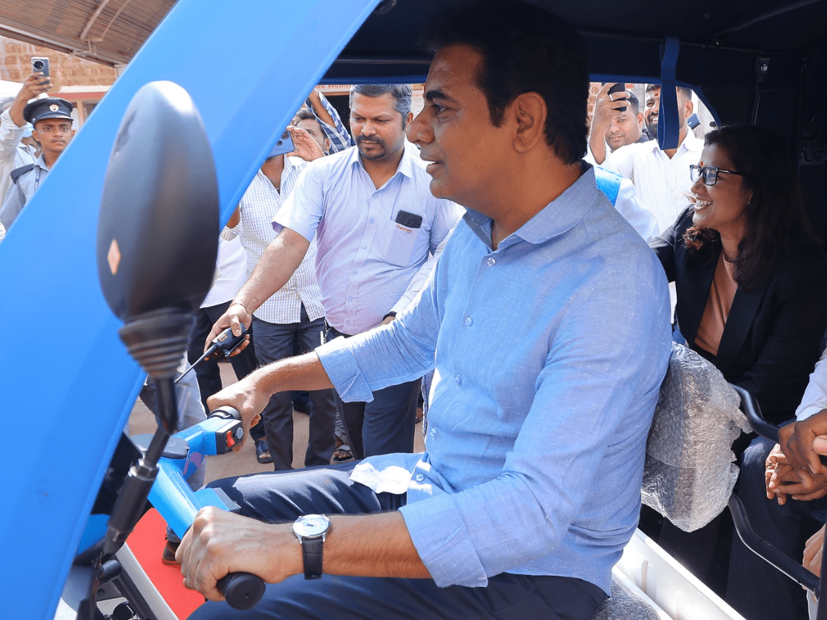 KTR drives e-auto at Mahindra Last Mile Mobility in Zaheerabad