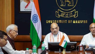 Imphal: Union Home Minister Amit Shah with Manipur Chief Minister N. Biren Singh chairs a meeting with a delegation of leaders from various political parties, in Imphal, Tuesday, May 30, 2023. (PTI Photo)