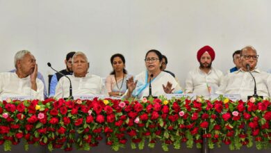 Patna: Bihar Chief Minister and Janata Dal (United) leader Nitish Kumar with RJD chief Lalu Prasad, West Bengal Chief Minister and TMC chief Mamata Banerjee and Nationalist Congress Party (NCP) chief Sharad Pawar during a joint press conference after the opposition parties' meeting, in Patna, Friday, June 23, 2023.