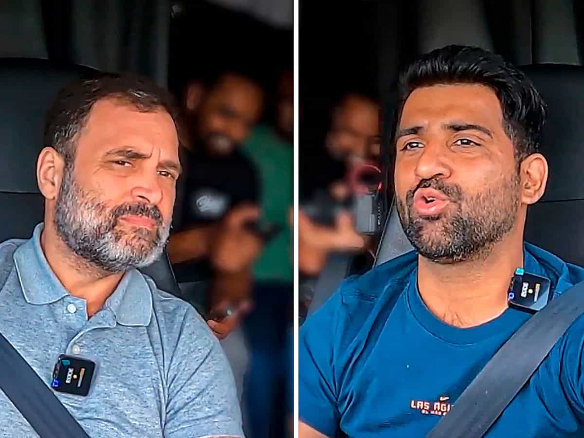 Congress leader Rahul Gandhi interacts with an Indian American truck driver