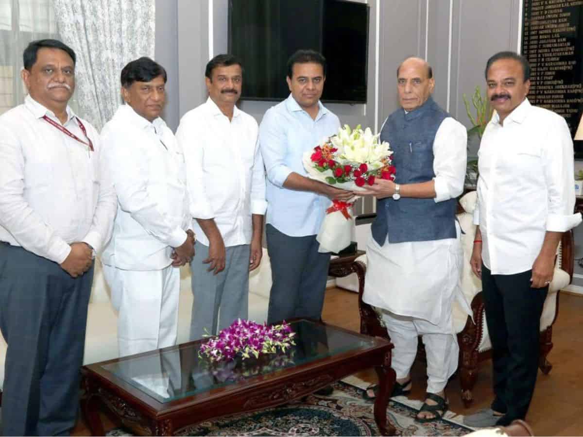KTR meets Rajnath Singh; urges transfer of defence lands for extension of Hyderabad's skywalk projects