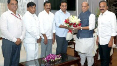 K.T. Rama Rao on Friday called on Defence Minister Rajnath Singh in New Delhi and requested him to transfert certain defence lands in Hyderabad