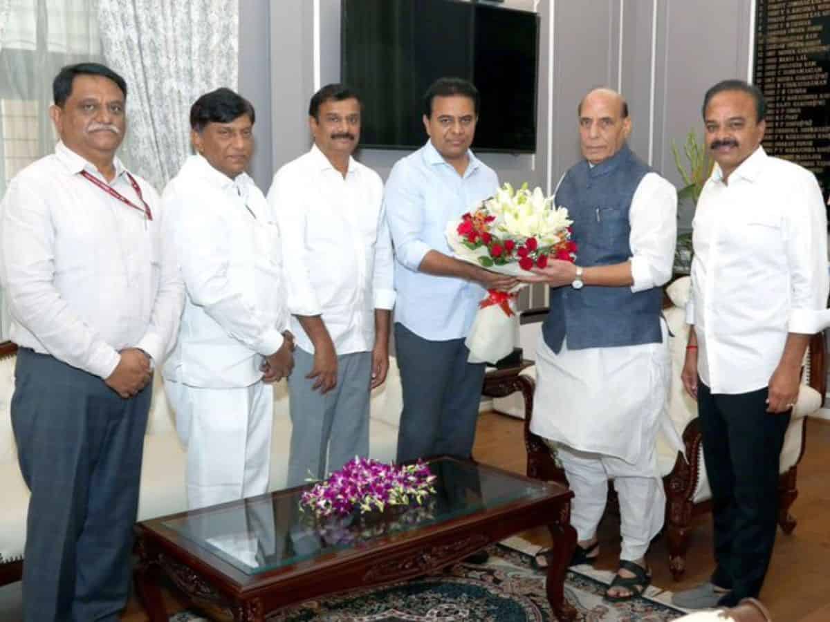 K.T. Rama Rao on Friday called on Defence Minister Rajnath Singh in New Delhi and requested him to transfert certain defence lands in Hyderabad