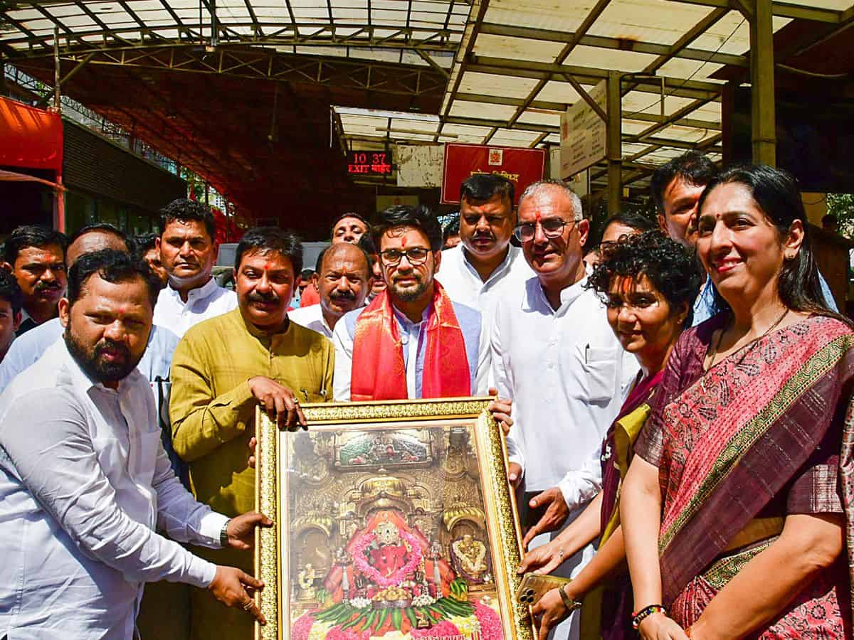 Union Minister for Information & Broadcasting and Youth Affairs & Sports Anurag Thakur during a visit to Siddhivinayak temple, in Mumbai