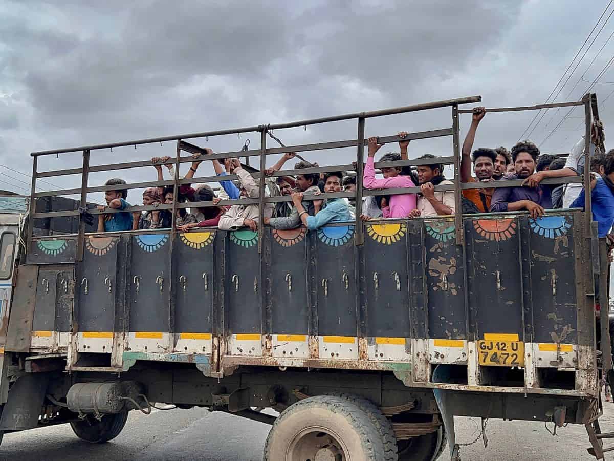 Villagers leave Jakhau village during evacuation ahead of cyclone Biparjoy’s landfall, in Kutch district, Monday, June 12