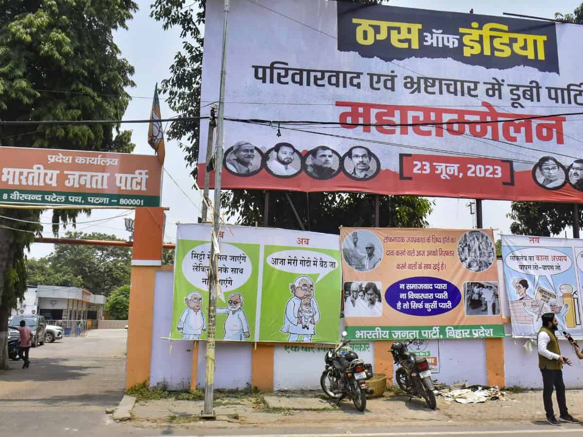 poster mocking the upcoming meeting of opposition parties put up at the state BJP office- PTI