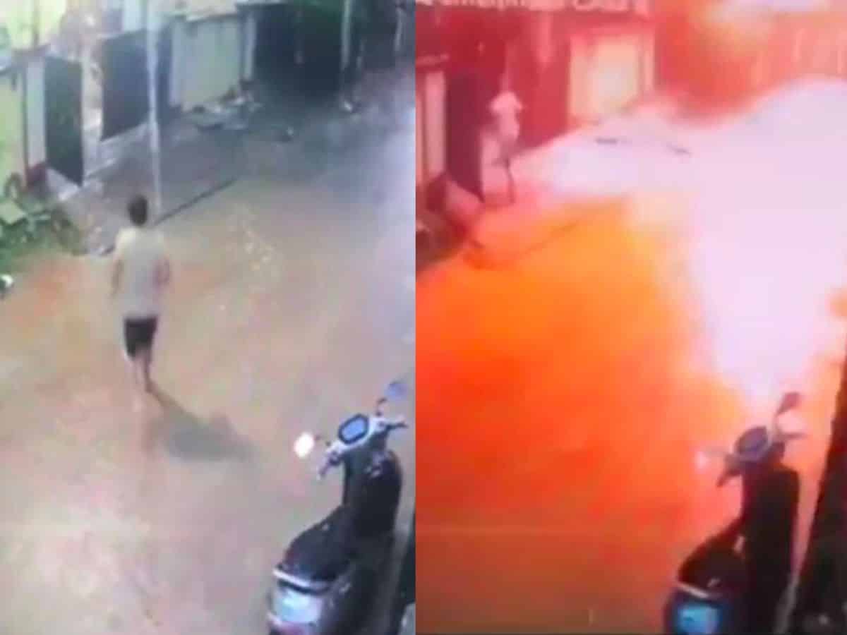 Video: Narrow escape for man after lightning hits empty road