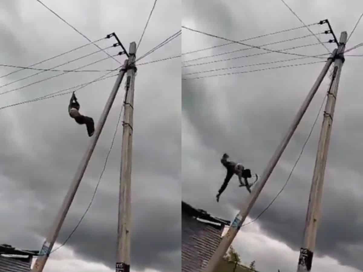 Telangana: Drunken man falls off electric pole in Adilabad