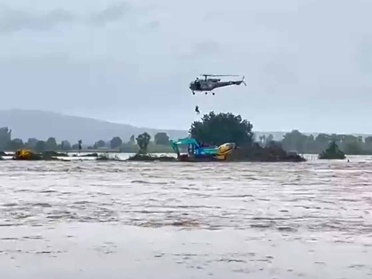 Watch: IAF chopper rescues 6 stranded in flood-hit Nainpaka of Telangana