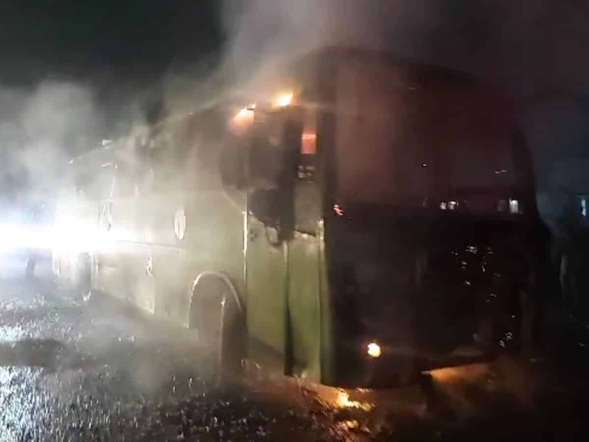 Narrow escape for passengers as TSRTC bus catches fire at Amberpet