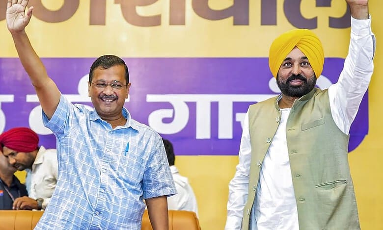 Aam Aadmi Party leader Arvind Kejriwal and Punjab chief minister Bhagwant Mann