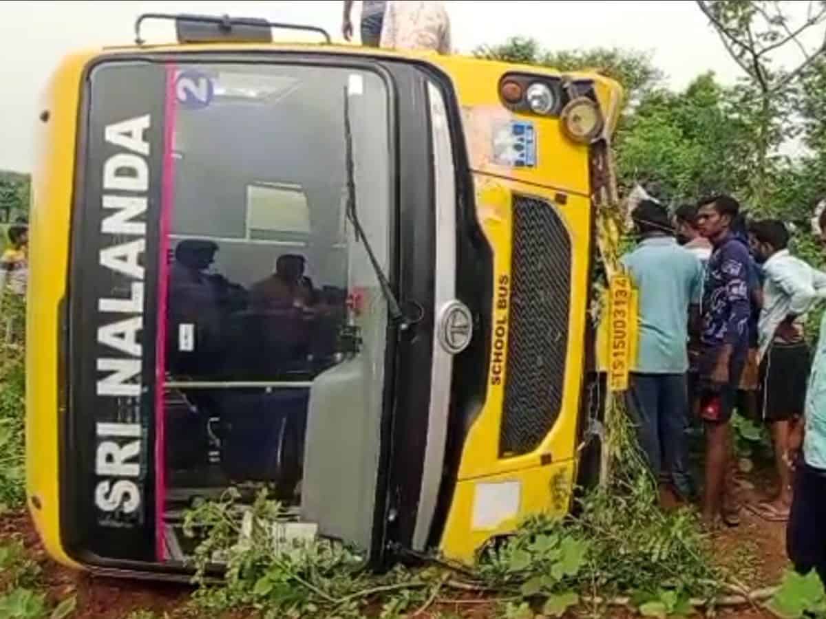 Telangana: School bus with 30 students overturns in Mahabubabad