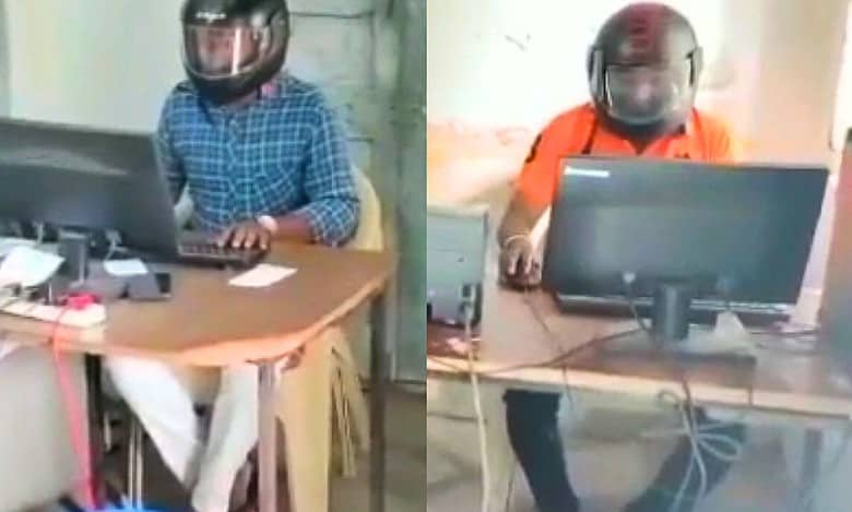 Telangana: Govt employees wear helmets at office to save their lives