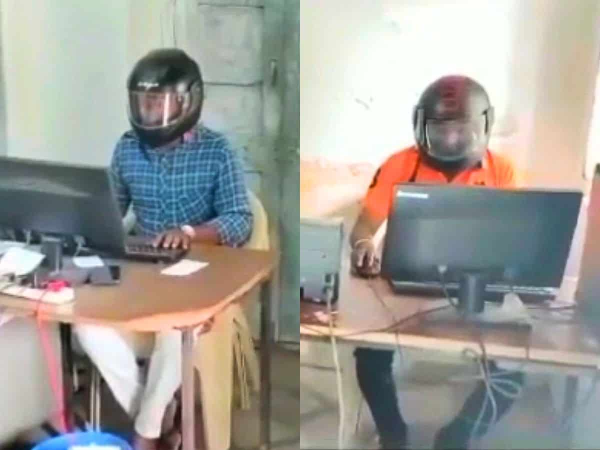 Telangana: Govt employees wear helmets at office to save their lives