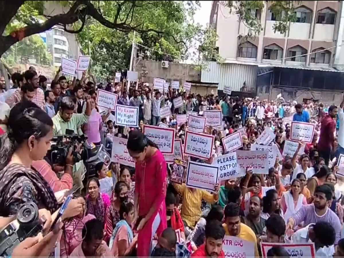 Group II aspirants stage protest at TSPSC office demanding exam postponement