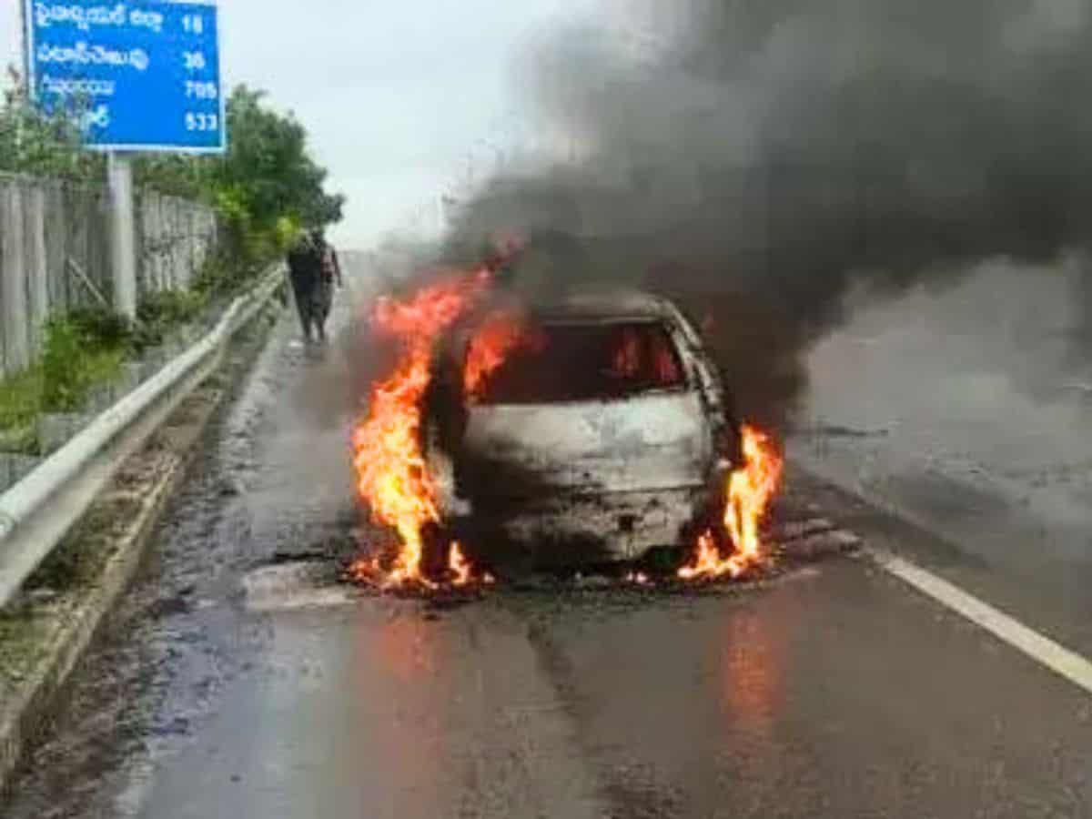 Hyderabad: Running car catches fire near Shamshabad