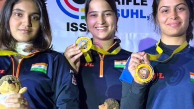 India's Manu Bhaker, Esha Singh and Rhythm Sangwan win gold in the Women's 25-metre Pistol team event.