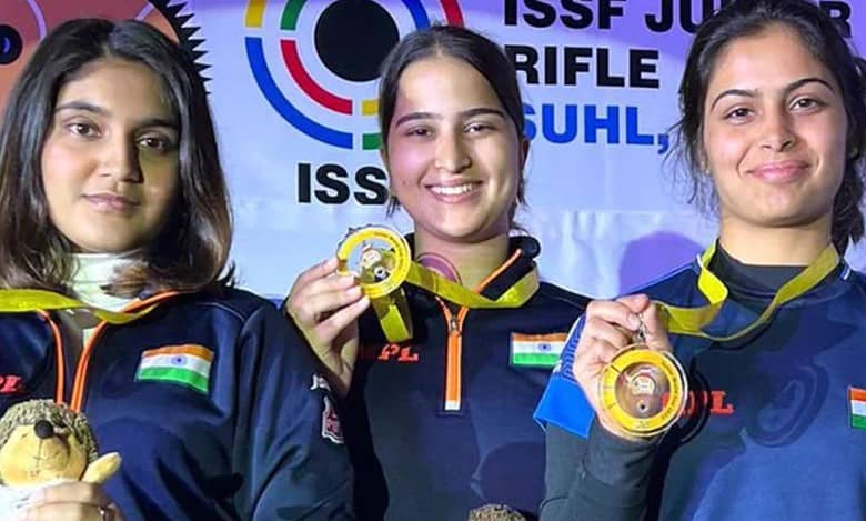 India's Manu Bhaker, Esha Singh and Rhythm Sangwan win gold in the Women's 25-metre Pistol team event.