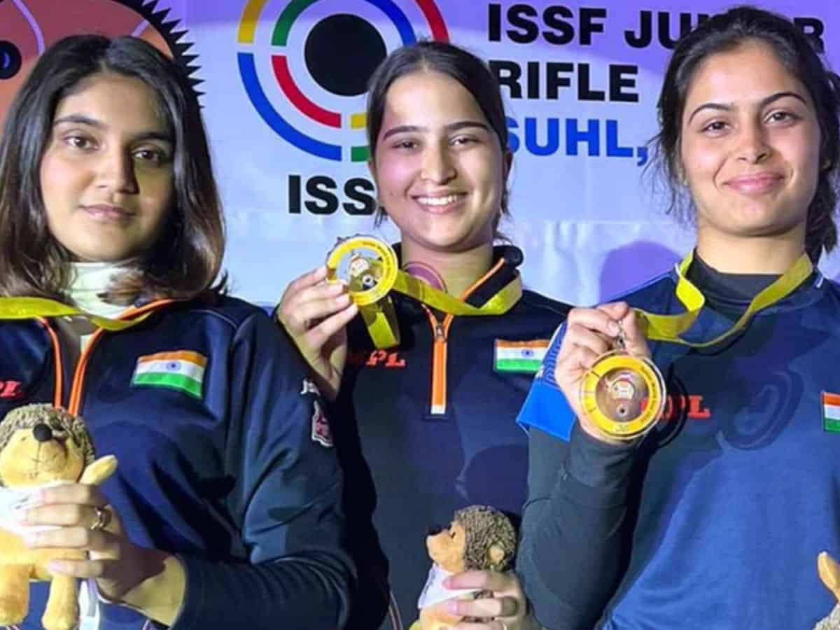 India's Manu Bhaker, Esha Singh and Rhythm Sangwan win gold in the Women's 25-metre Pistol team event.