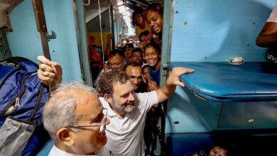 Chhattisgarh Chief Minister Bhupesh Baghel and Congress leader Rahul Gandhi travel by a train