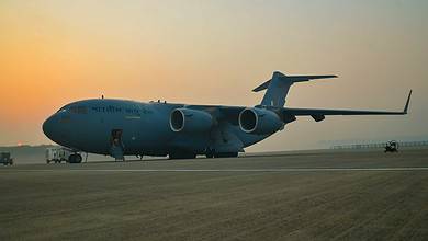 **EDS: IMAGE VIA @IAF_MCC ON SUNDAY, OCT. 22, 2023** New Delhi: An IAF C-17 flight carrying medical aid and disaster relief material for the people of Palestine before departing for El-Arish airport in Egypt. (PTI Photo)(PTI10_22_2023_000121B)