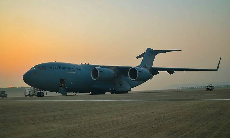 **EDS: IMAGE VIA @IAF_MCC ON SUNDAY, OCT. 22, 2023** New Delhi: An IAF C-17 flight carrying medical aid and disaster relief material for the people of Palestine before departing for El-Arish airport in Egypt. (PTI Photo)(PTI10_22_2023_000121B)