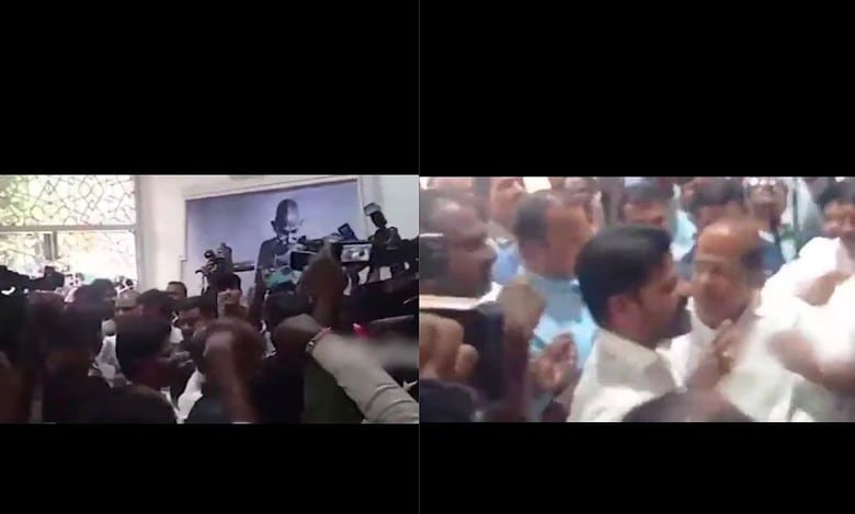 Watch: Revanth Reddy stopped at Gandhi Bhavan by own party members