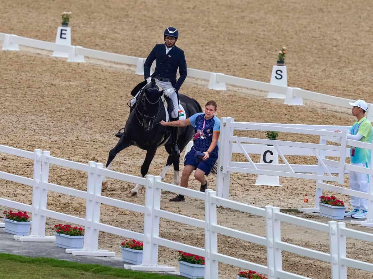 India’s Hriday Vipul Chheda competes in the Equestrian Dressage Individual Final event at the 19th Asian Games,