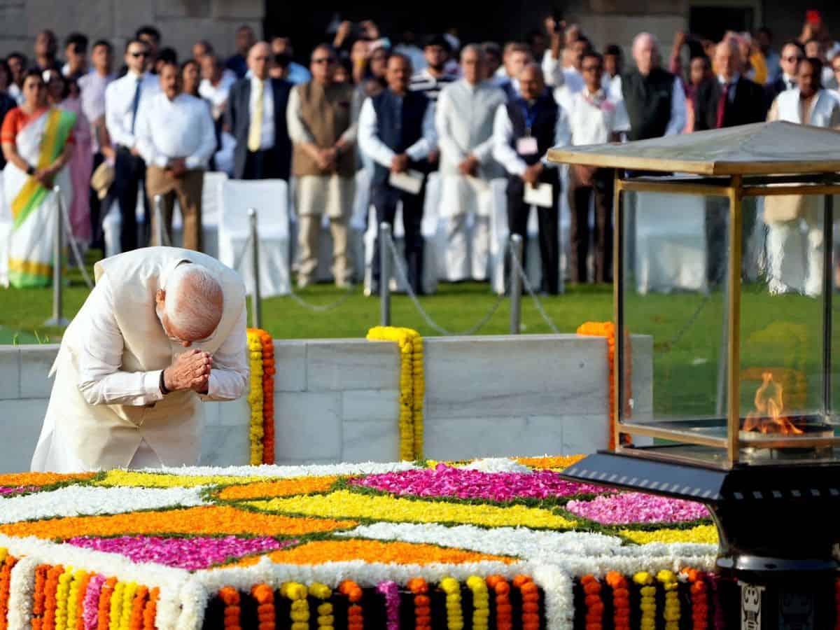 Prime Minister Narendra Modi pays homage to Mahatma Gandhi on the occasion of his birth anniversary,